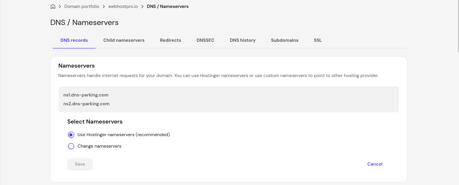 Hostinger nameserver settings showing Use Hostinger nameservers and Change nameservers options