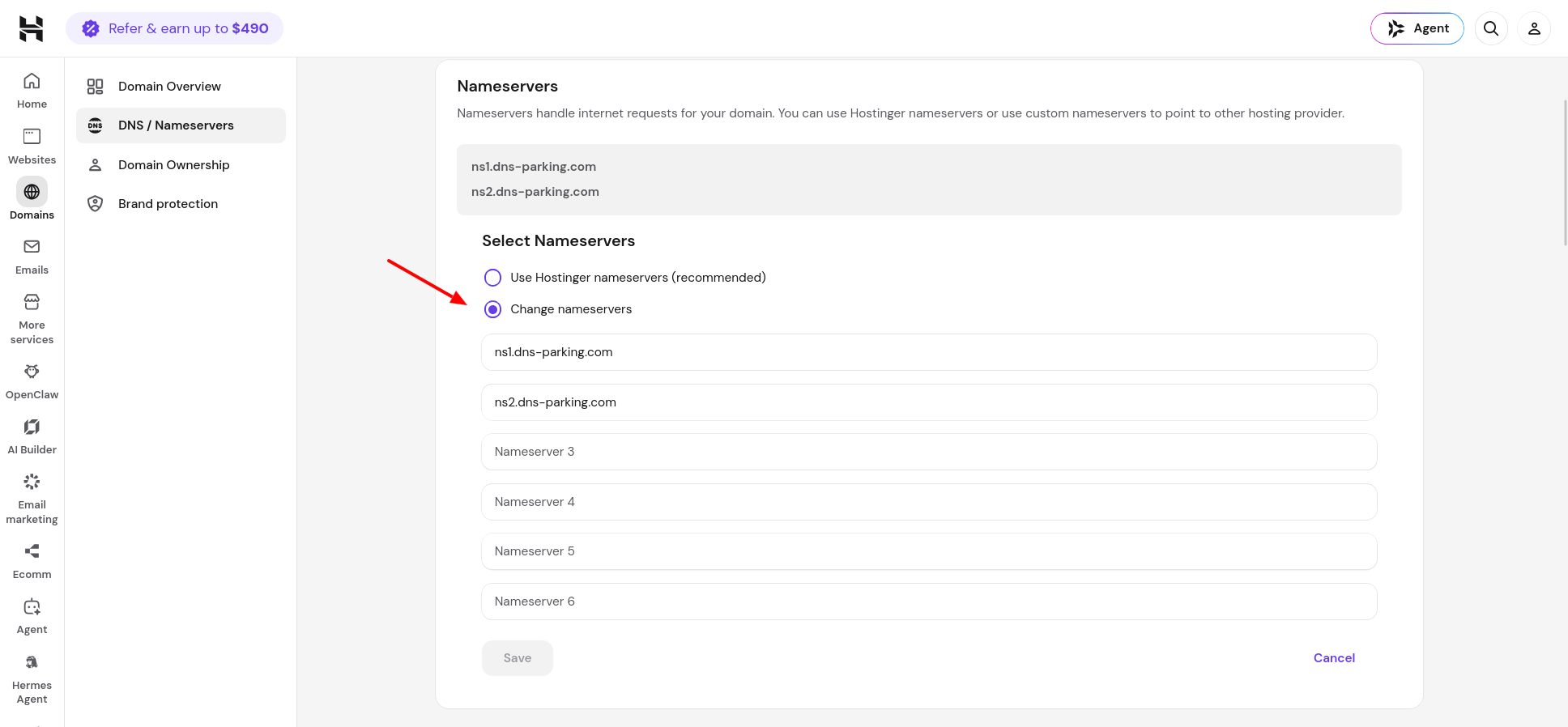 Hostinger Change Nameservers form with multiple custom nameserver input fields