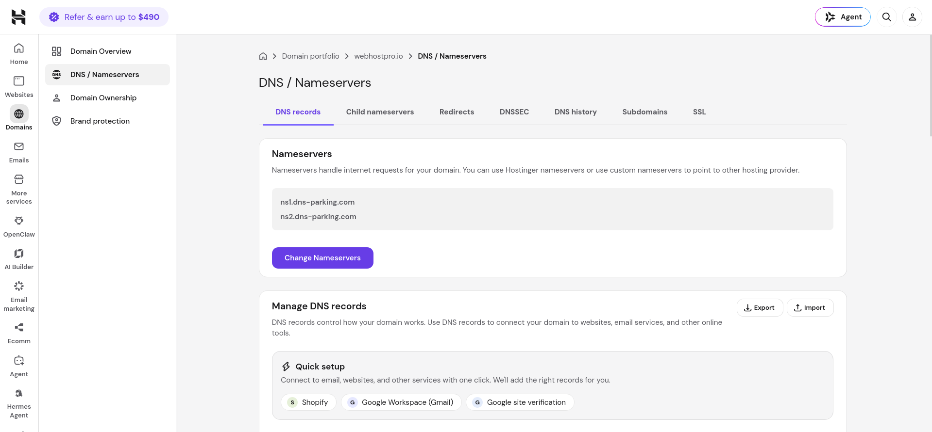 Hostinger DNS and Nameservers page displaying the current nameserver values for a domain
