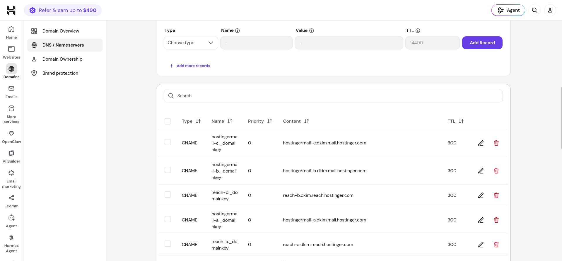 Hostinger DNS Zone Editor showing MX, CNAME, TXT, and A records for a domain