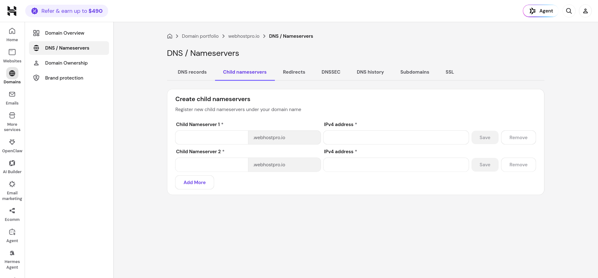 Hostinger Child Nameservers tab for creating custom nameservers with IPv4 glue records