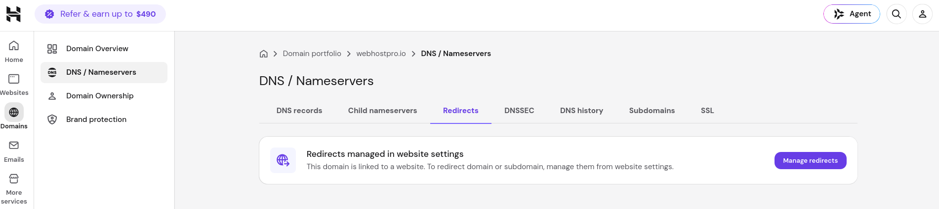 Hostinger Redirects tab directing users to website settings for managing redirects