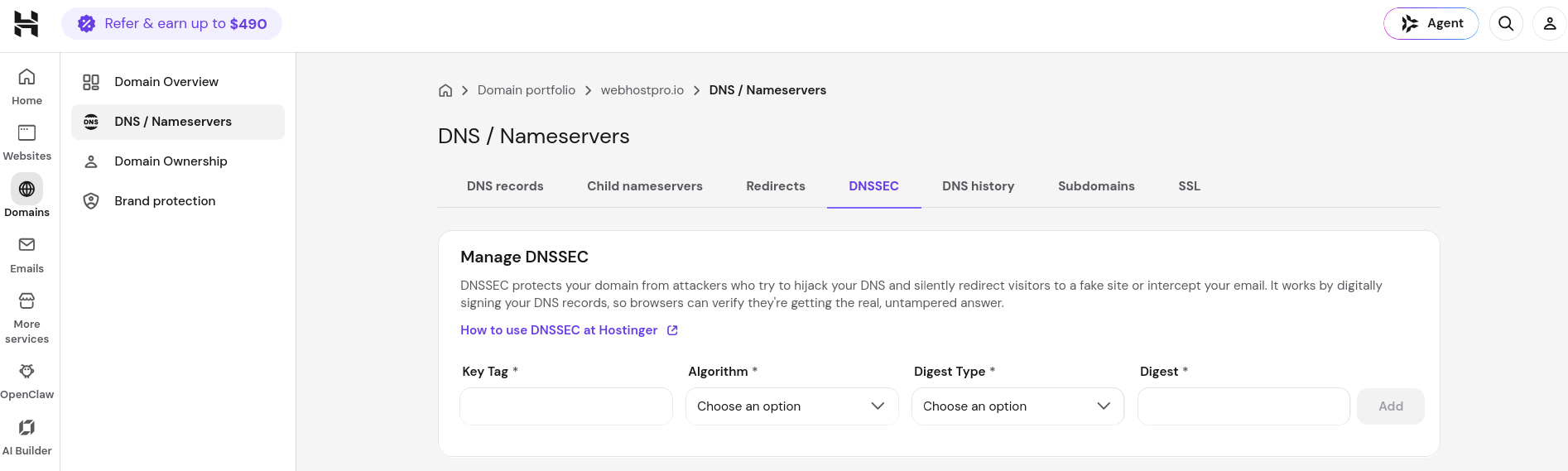 Hostinger DNSSEC tab for adding key tag, algorithm, digest type, and digest values