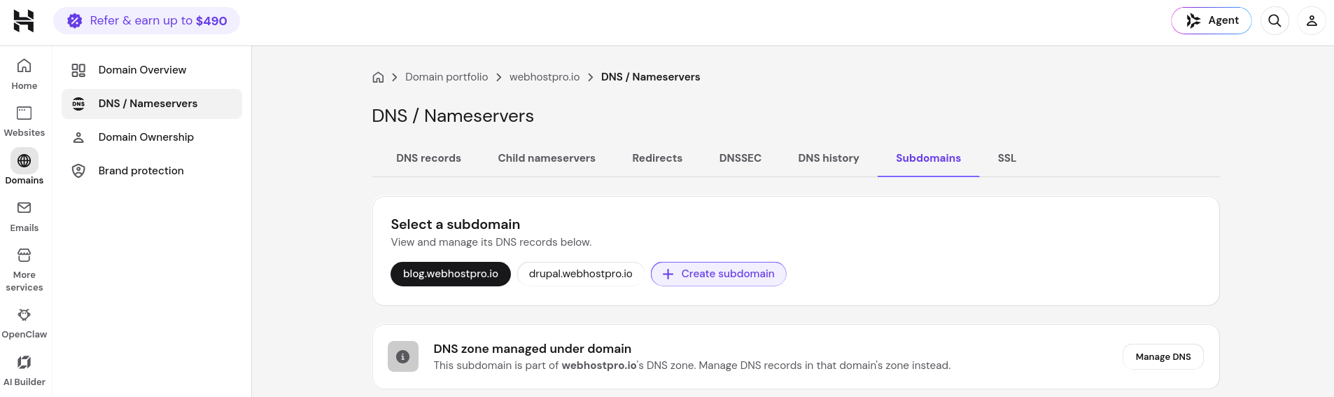Hostinger Subdomains tab showing subdomains managed through the parent domain DNS zone