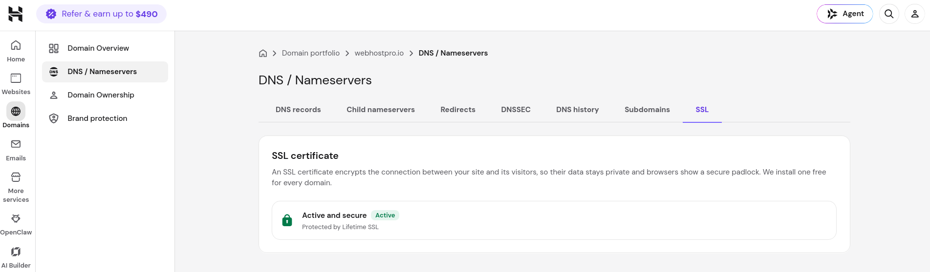 Hostinger SSL tab showing an active and secure Lifetime SSL certificate