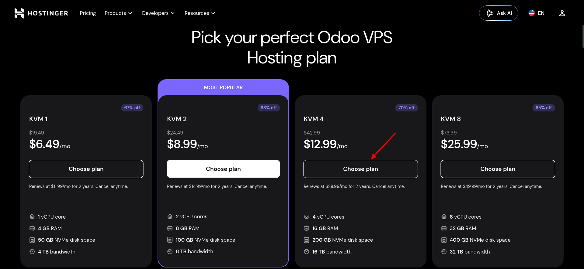 Hostinger KVM VPS plans for Odoo hosting
