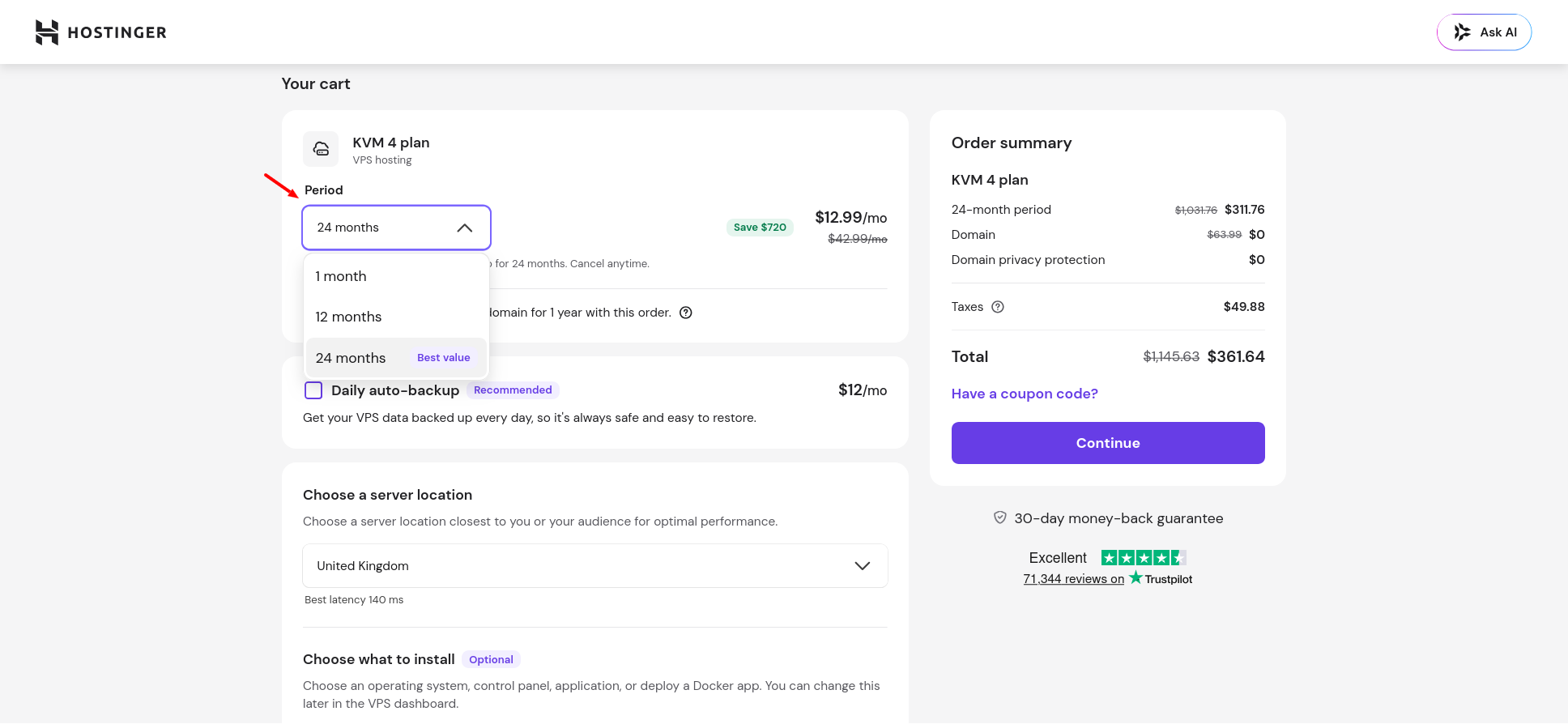 Hostinger VPS cart billing period and app marketplace