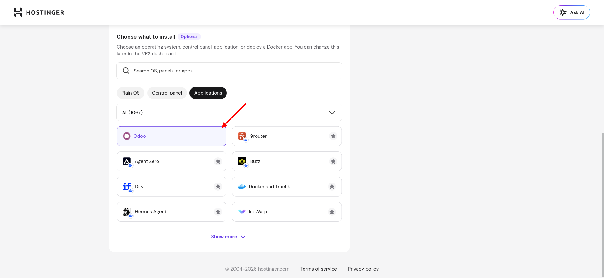 Hostinger VPS app marketplace with Odoo selected