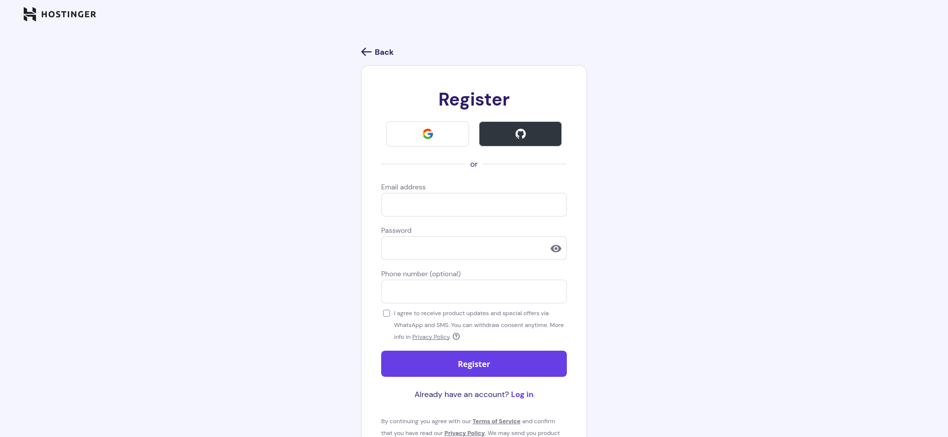 Hostinger account registration screen