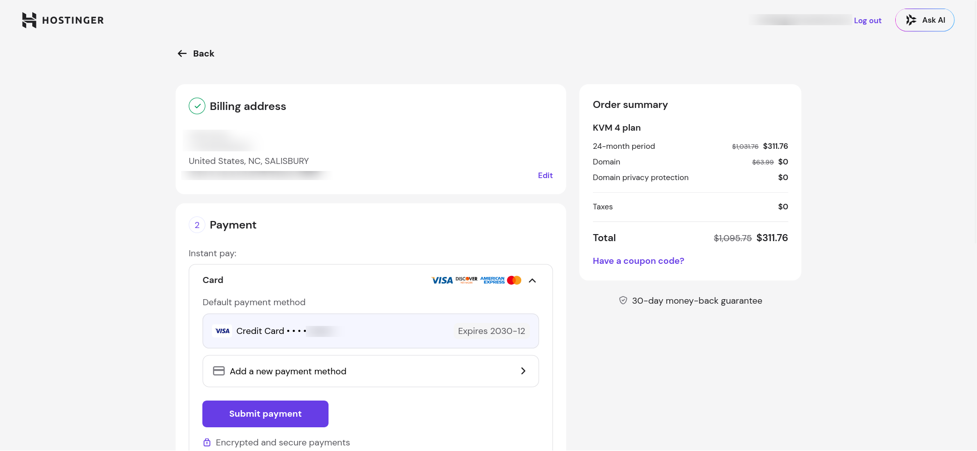 Hostinger VPS checkout payment methods