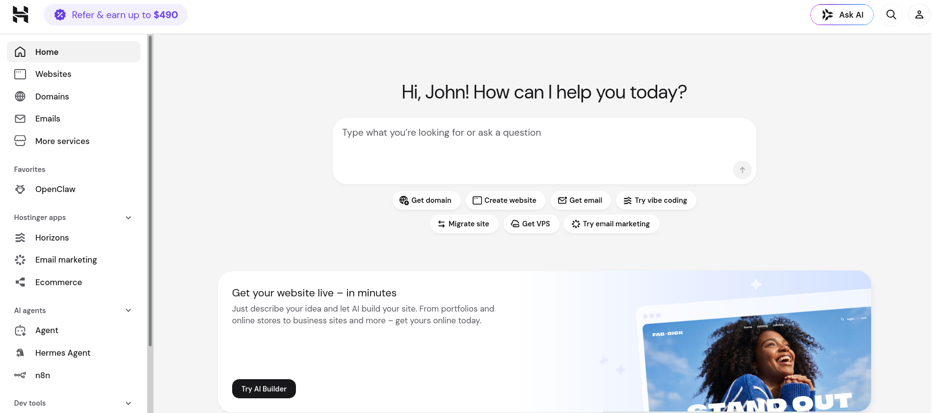 Hostinger hPanel home dashboard