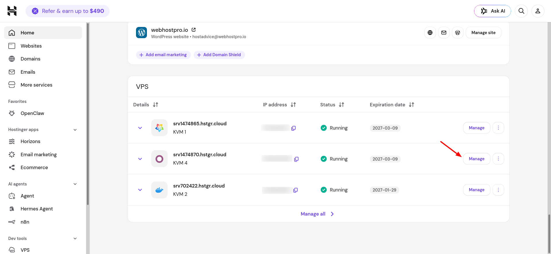 Hostinger hPanel VPS server listing
