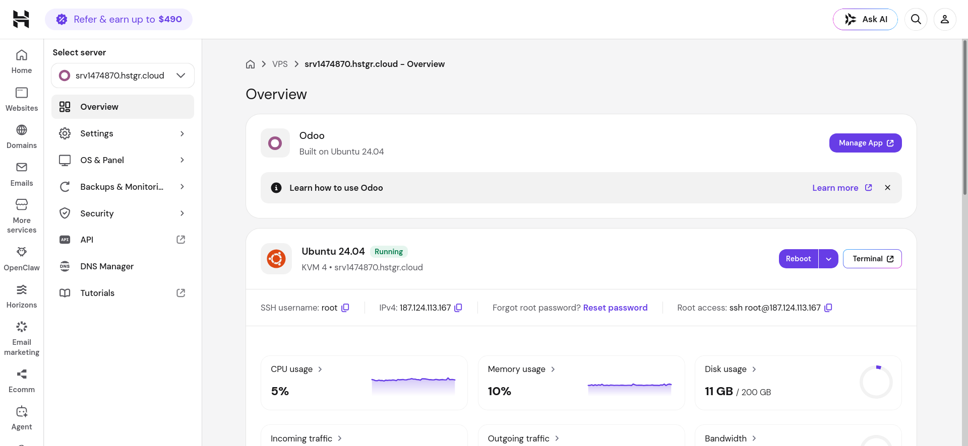 Hostinger VPS Overview with Odoo app card