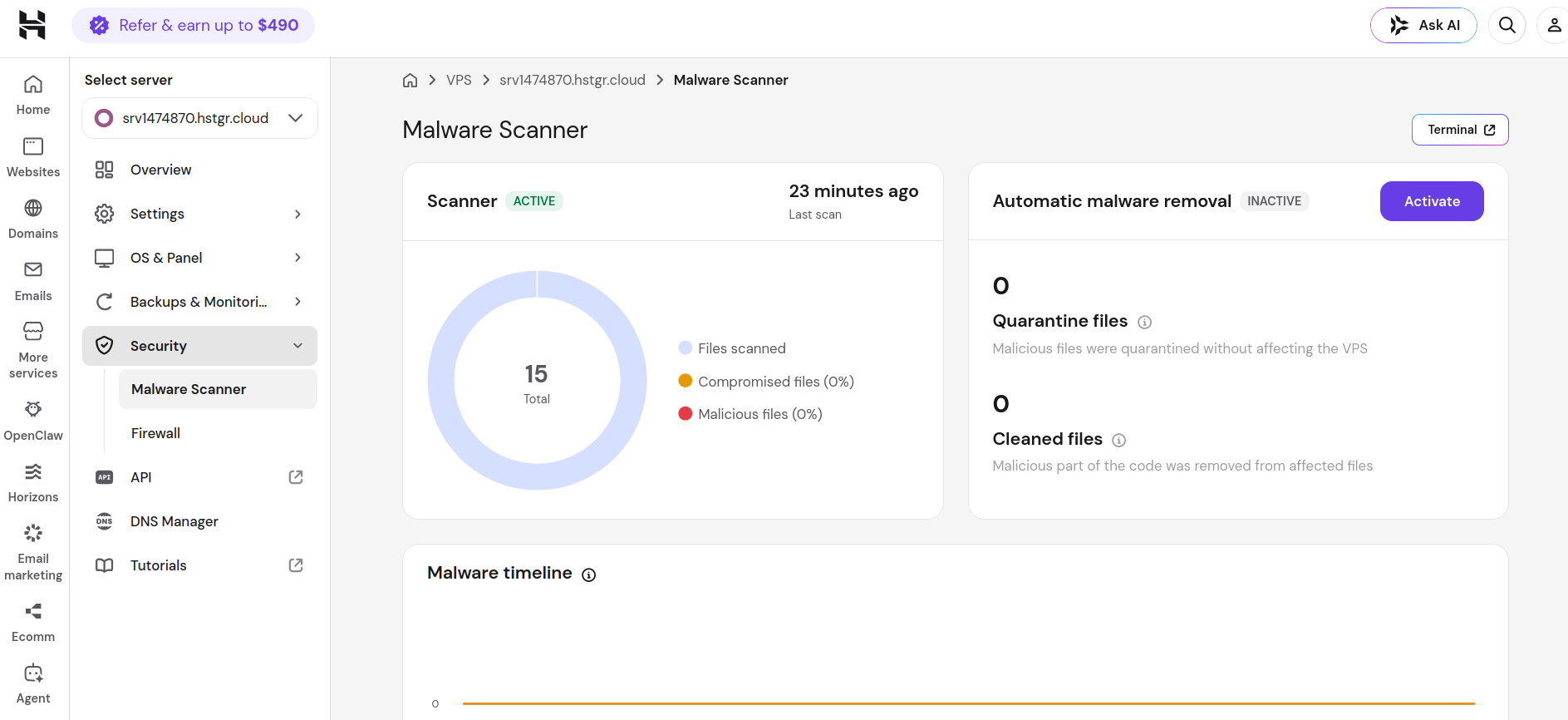 Hostinger VPS malware scanner results