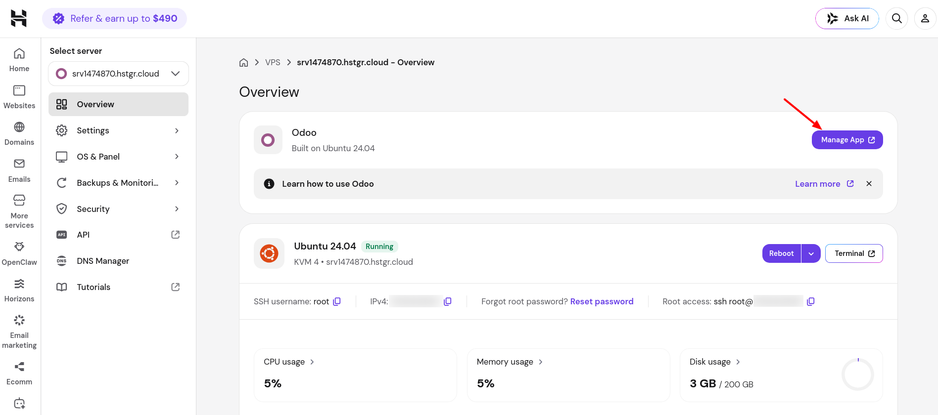 Hostinger Odoo Manage App button in hPanel