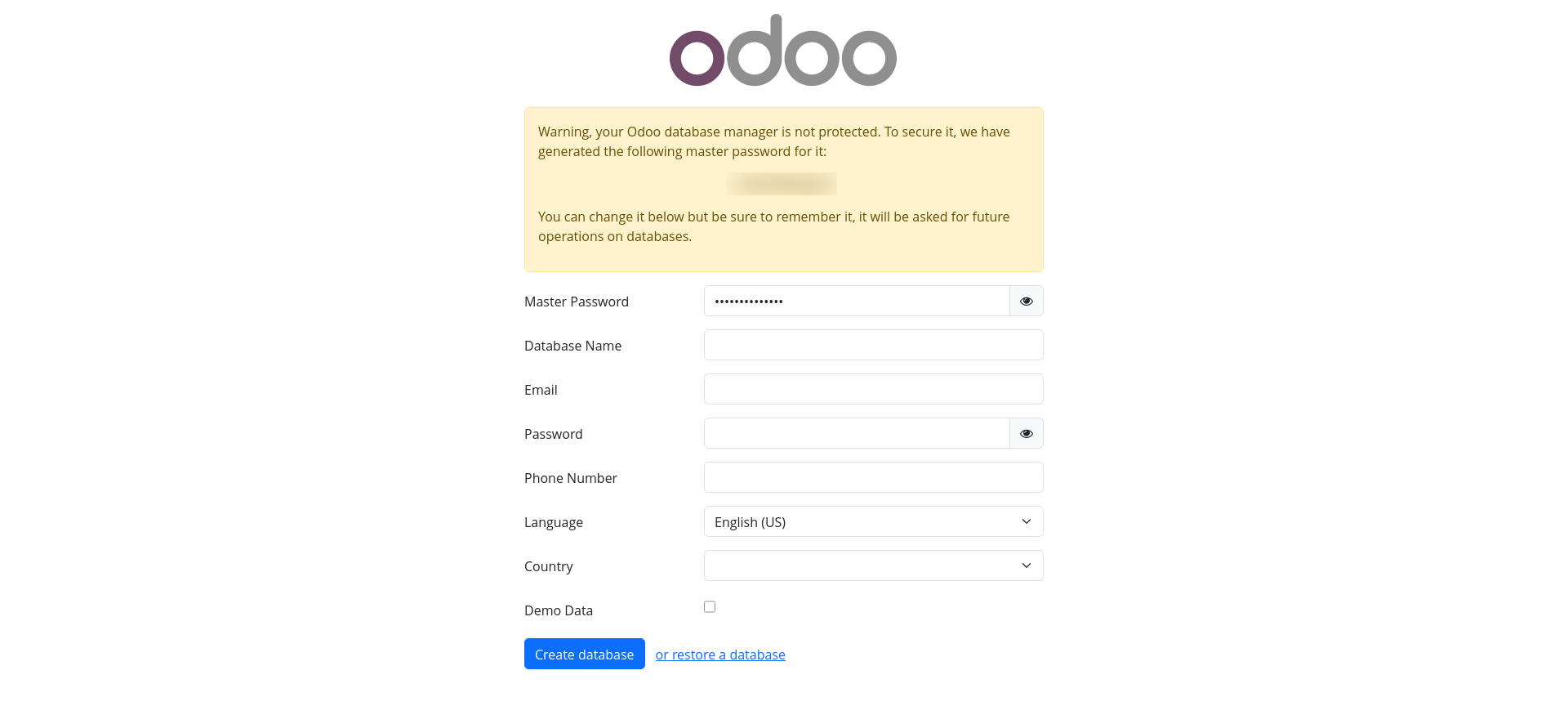 Odoo database setup screen on Hostinger VPS