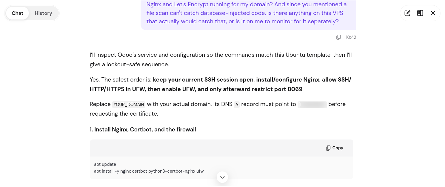 Kodee AI commands for securing Odoo VPS with Nginx and UFW