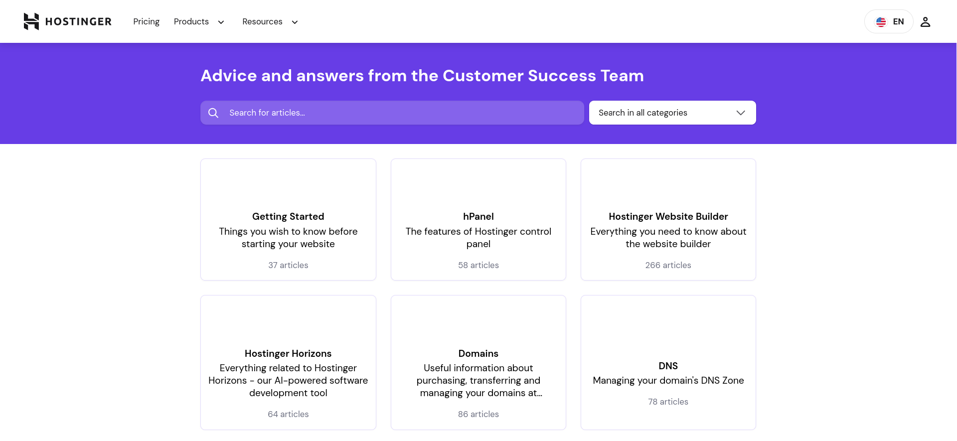 Hostinger knowledge base categories