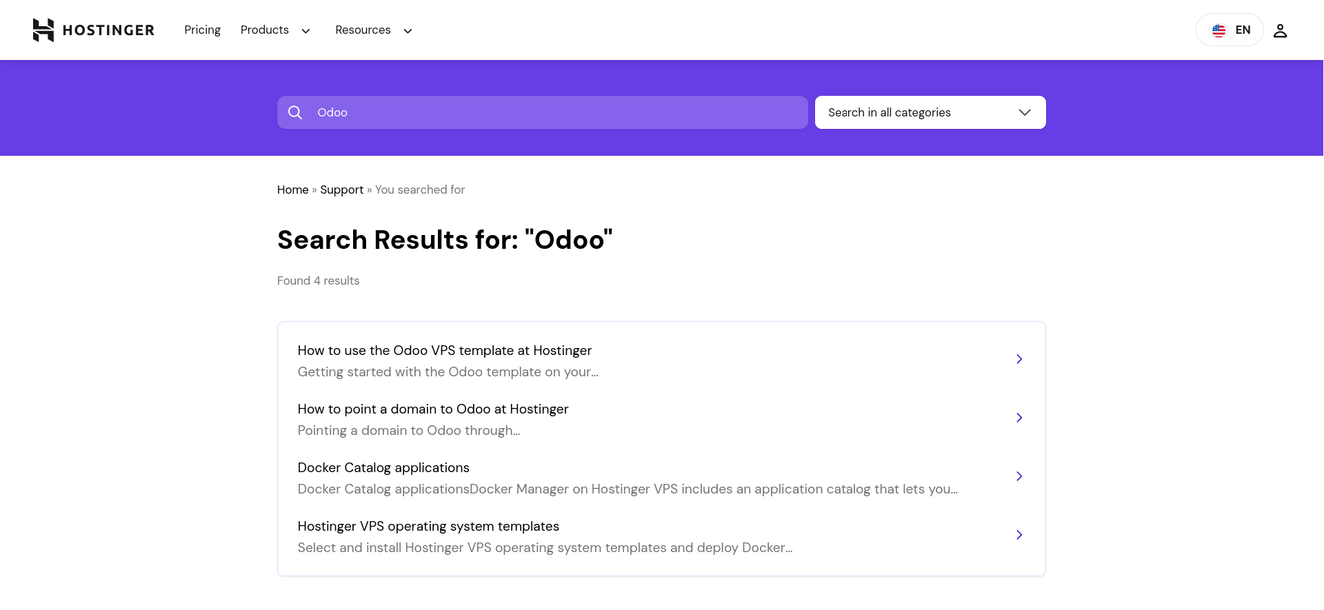 Hostinger knowledge base Odoo search results