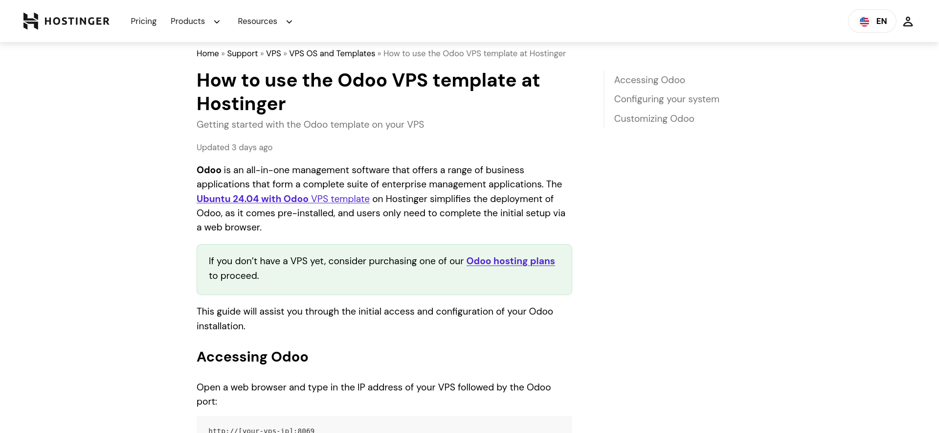 Hostinger Odoo VPS template knowledge base article