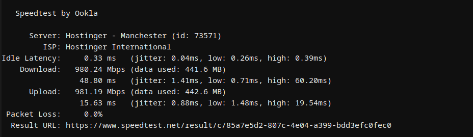 Hostinger Odoo VPS network speed test run 1 results