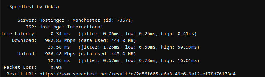 Hostinger Odoo VPS network speed test run 2 results