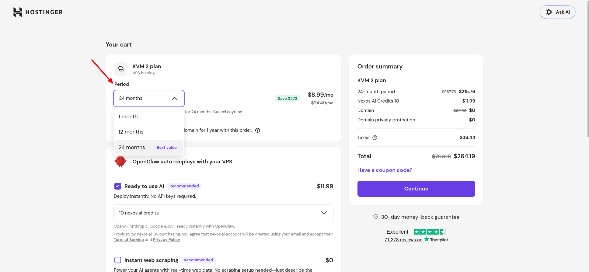 Hostinger checkout cart for KVM 2 OpenClaw VPS showing Ready to use AI selected at $11.99 alongside Instant web scraping, Agentic Mail, and Daily auto-backup add-ons