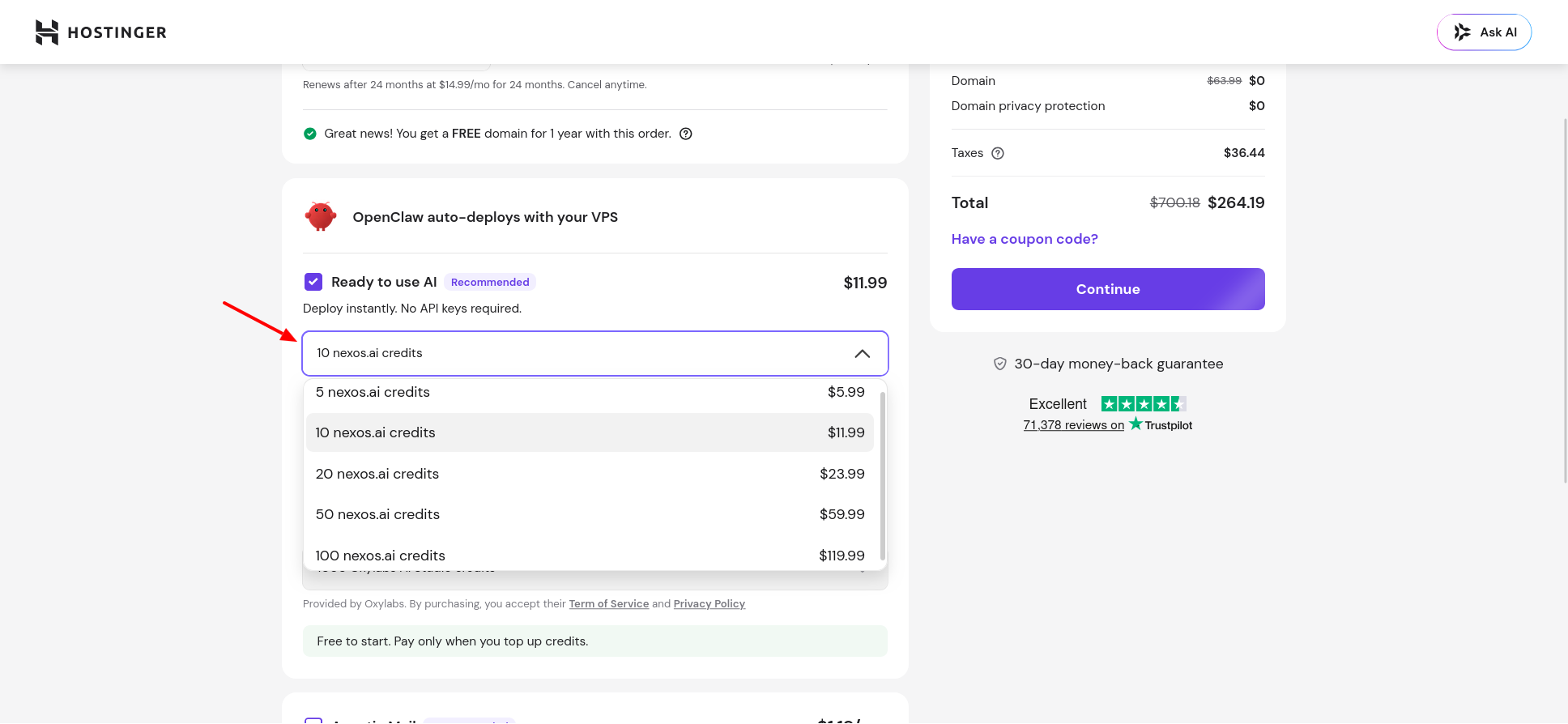 Hostinger checkout dropdown showing nexos.ai AI credit packs from 5 credits at $5.99 to 100 credits at $119.99