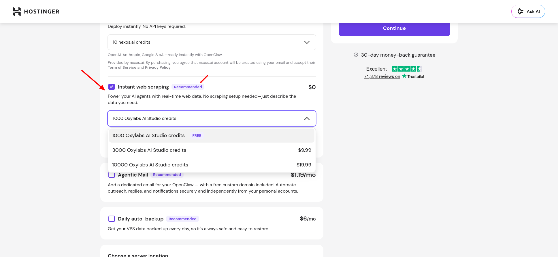 Hostinger Instant web scraping add-on showing Oxylabs AI Studio web scraping credit options