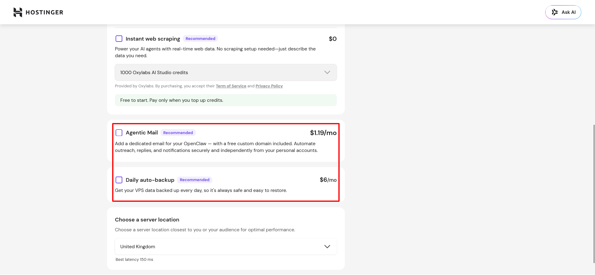 Hostinger OpenClaw checkout showing Agentic Mail and Daily auto-backup add-ons