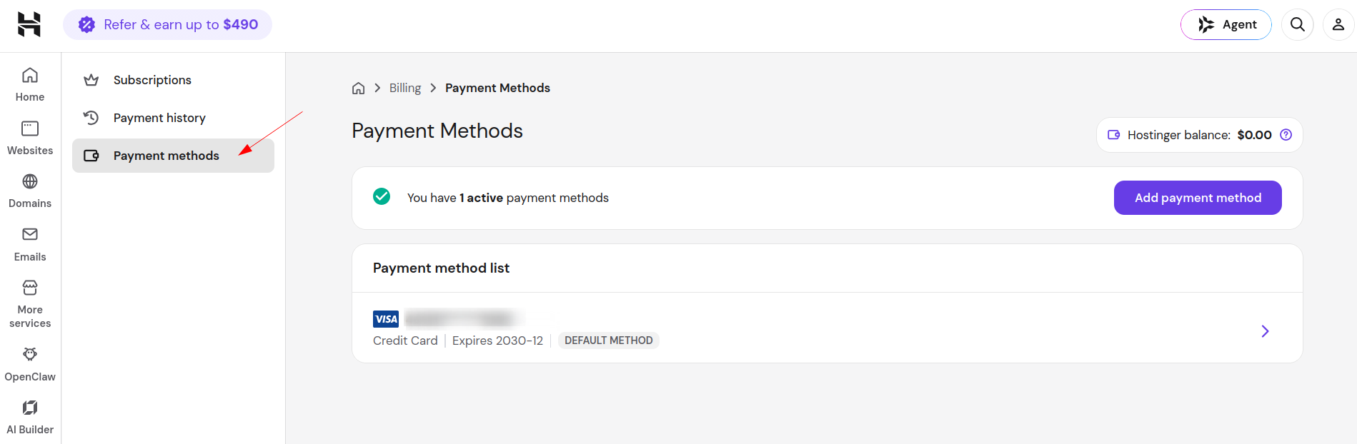 Hostinger hPanel Billing page showing saved Payment Methods and the default payment option