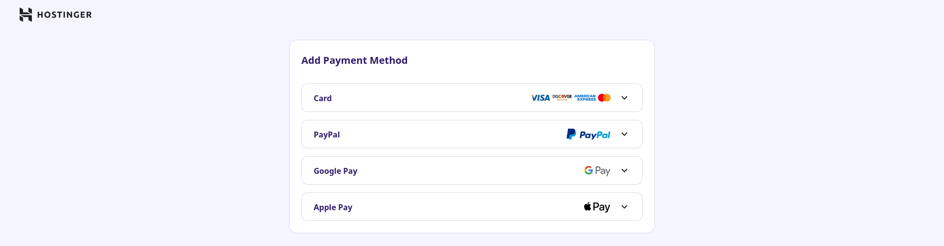 Hostinger Add Payment Method screen showing Card, PayPal, Google Pay, and Apple Pay options