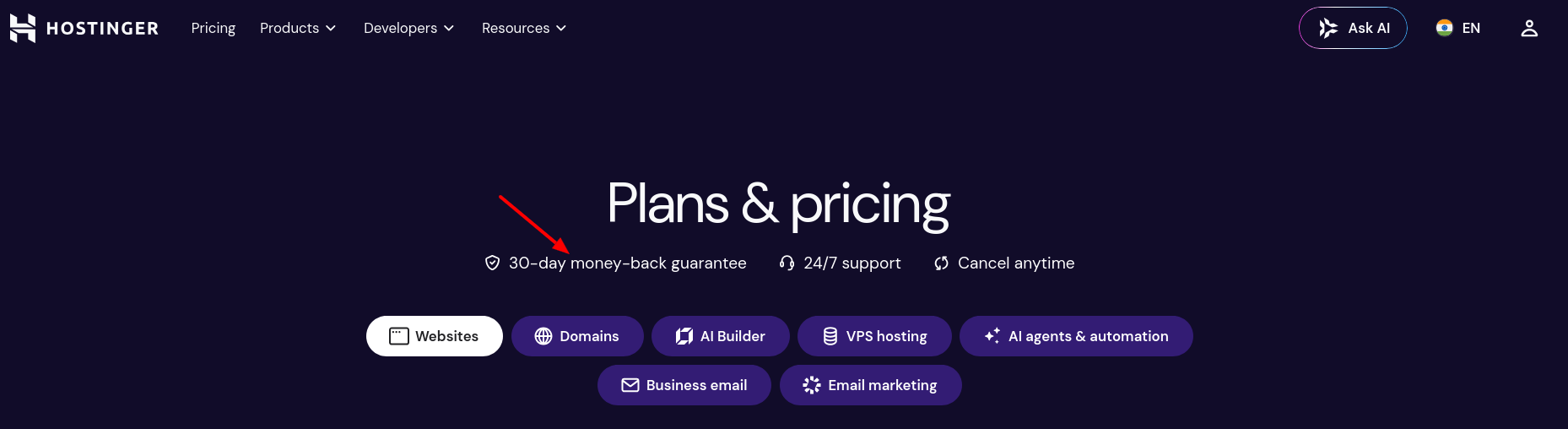 Hostinger India pricing page showing the 30-day money-back guarantee badge
