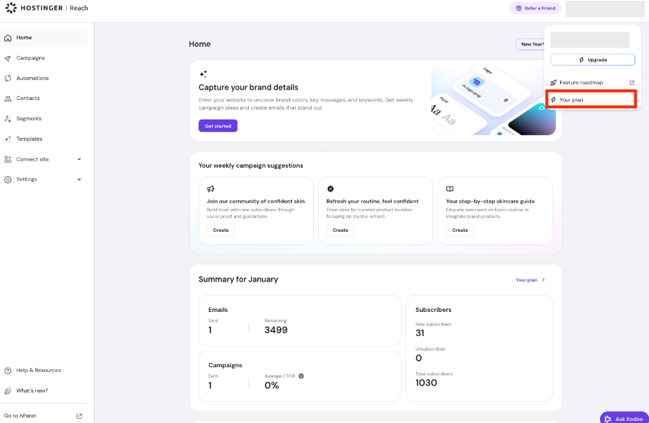 Hostinger Reach Your Plan dashboard showing plan limits, current usage, and upgrade options