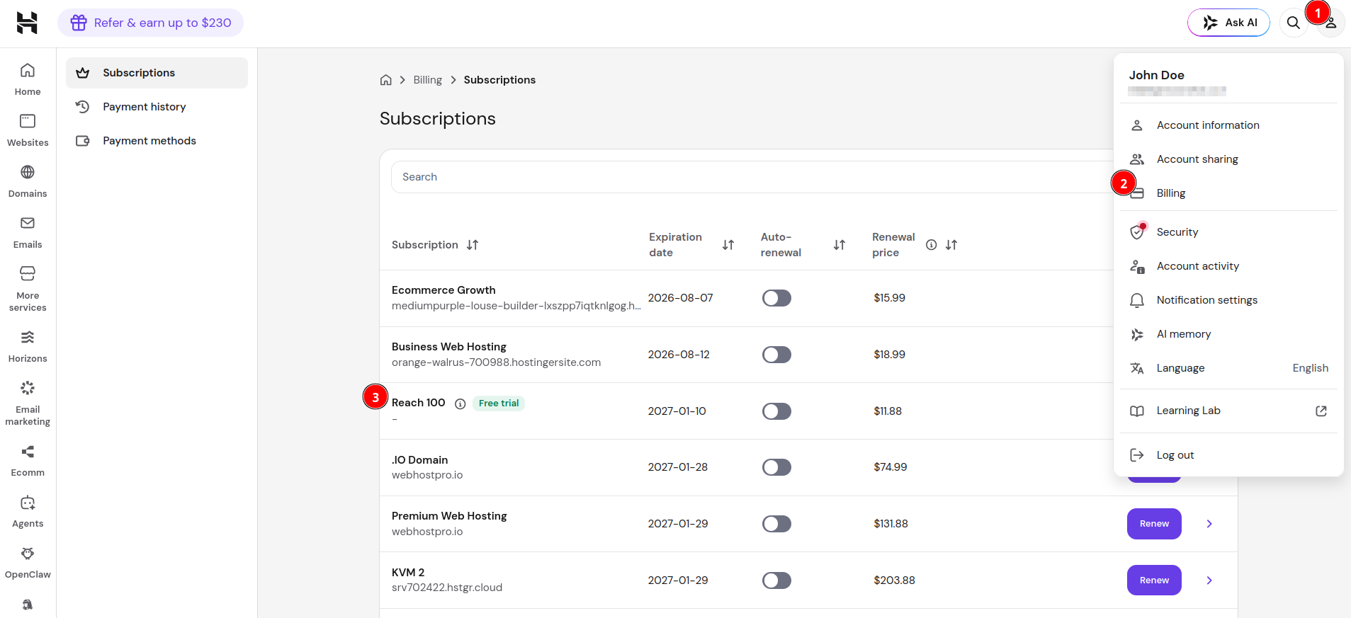 Hostinger hPanel Billing page showing Reach subscription, renewal date, and invoice details