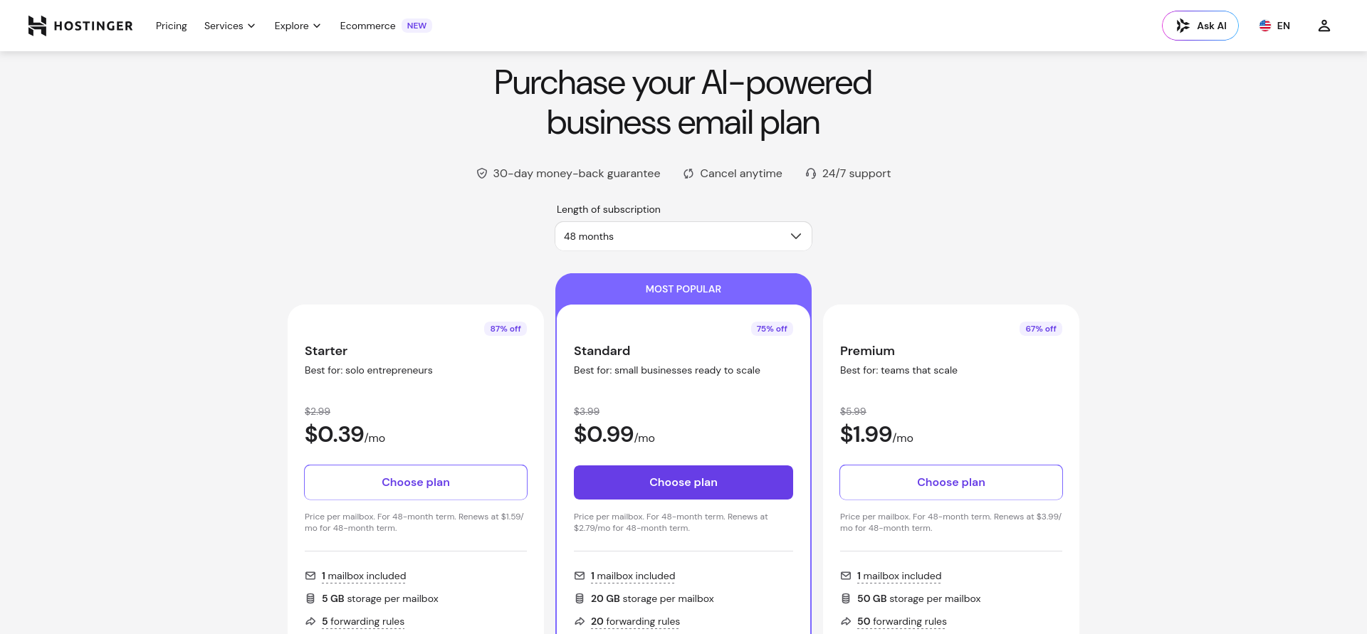 Hostinger Business Email pricing page showing Starter, Standard, and Premium mailbox plans, separate from Hostinger Reach email marketing pricing
