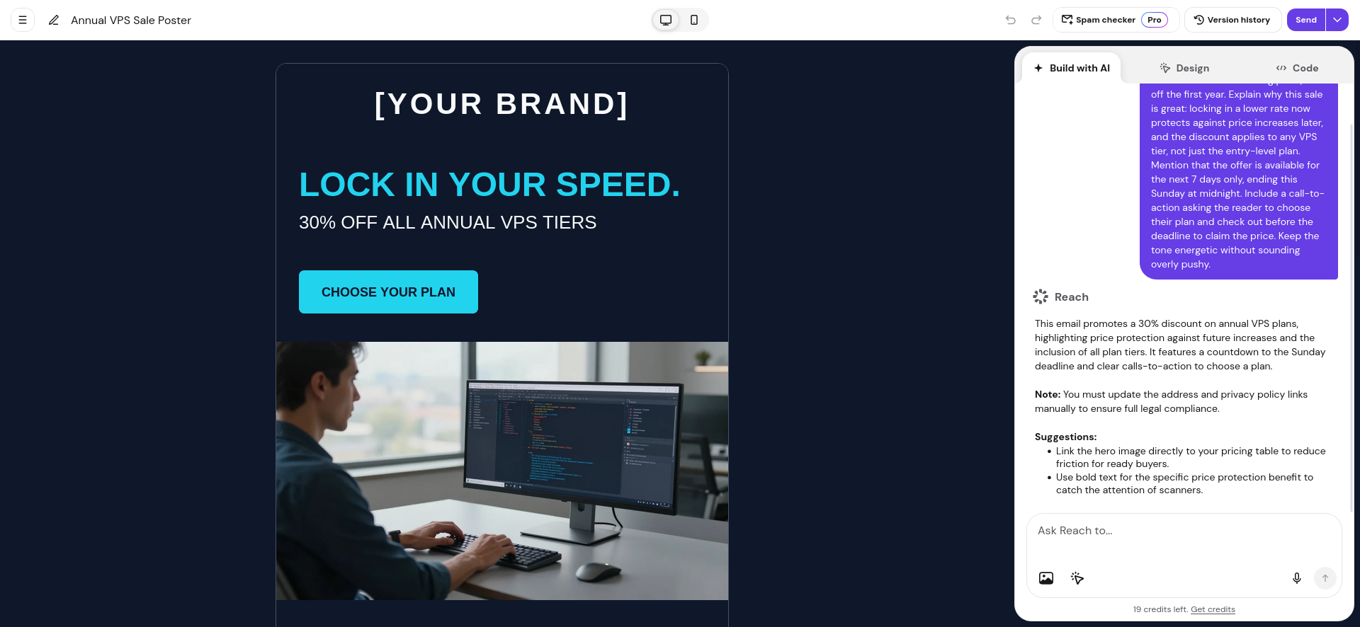 Hostinger Reach AI-generated VPS sale email template