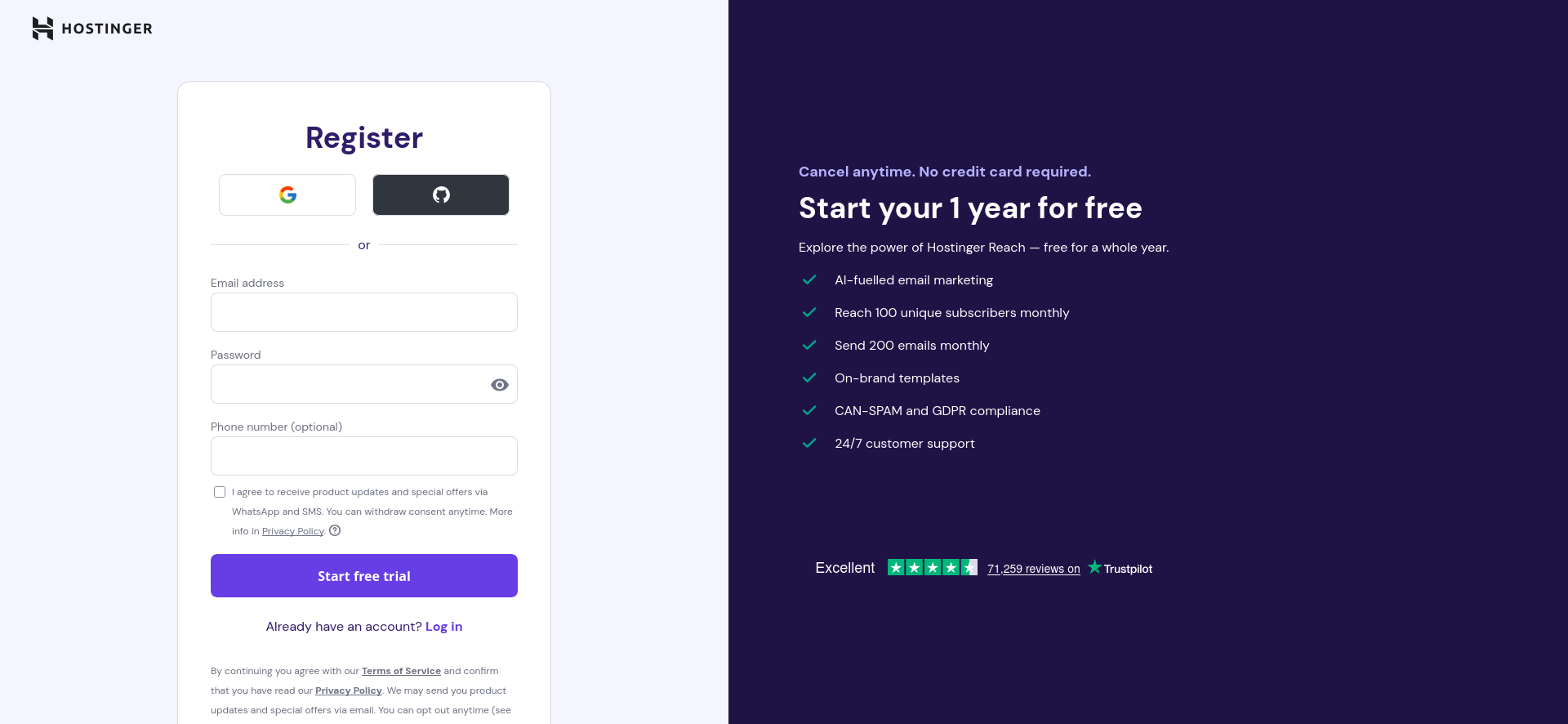 Hostinger Reach account registration form