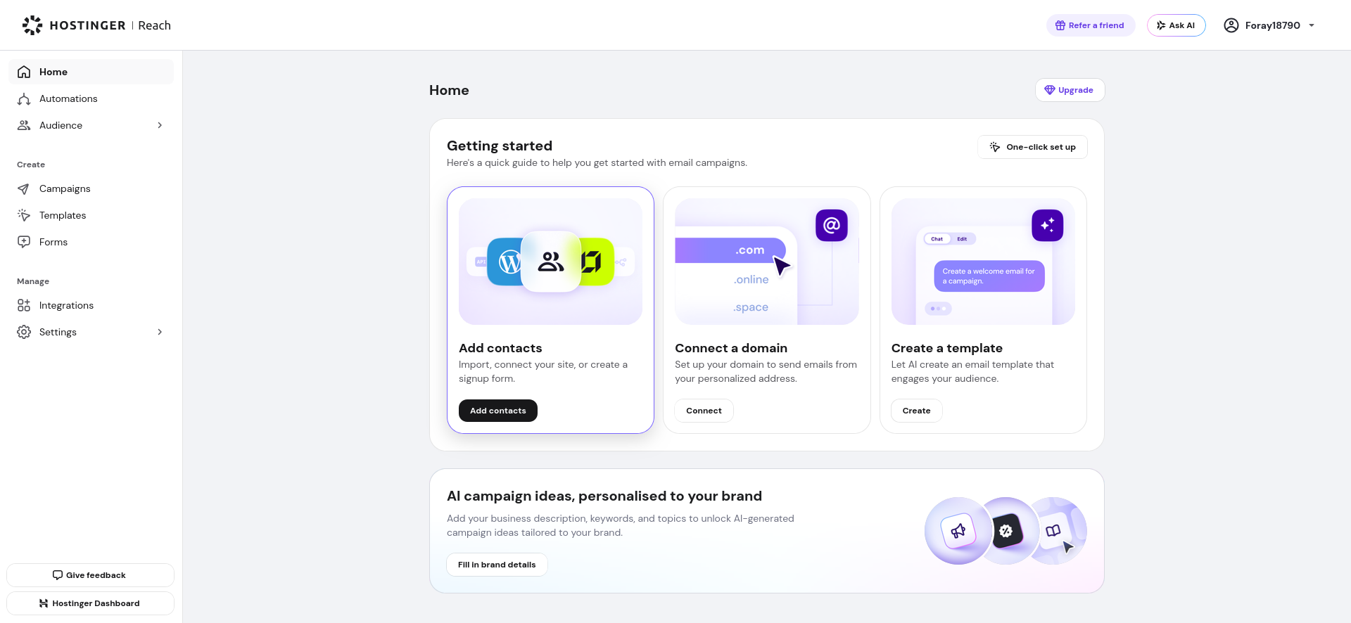 Hostinger Reach Getting Started dashboard