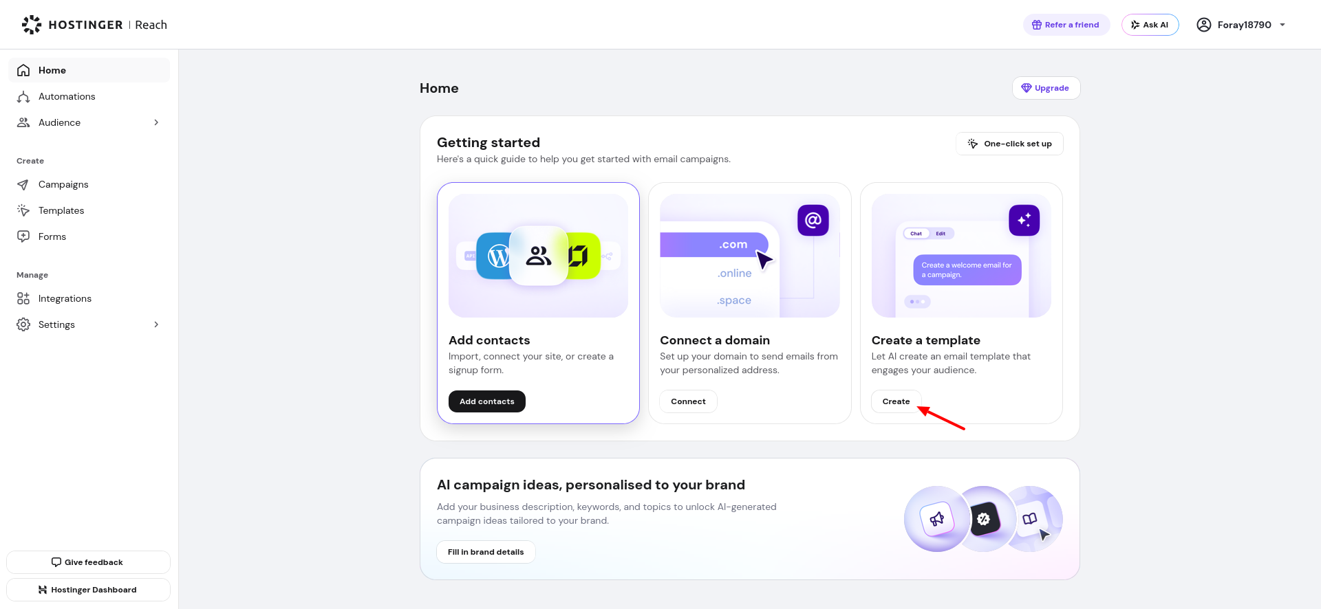 Hostinger Reach Create a template dashboard card