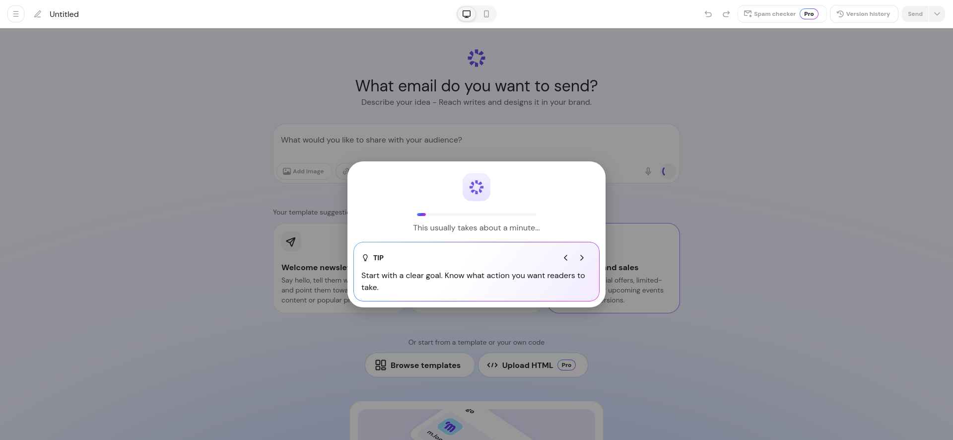 Hostinger Reach AI template generation progress screen