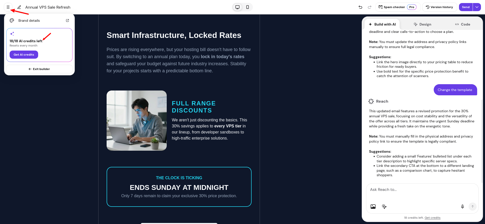 Hostinger Reach AI credit balance after template edit
