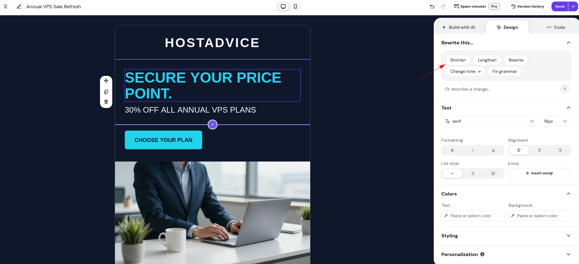Hostinger Reach per-element AI editing commands