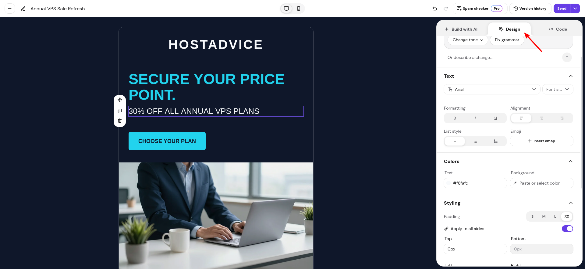 Hostinger Reach email design editor and mobile preview