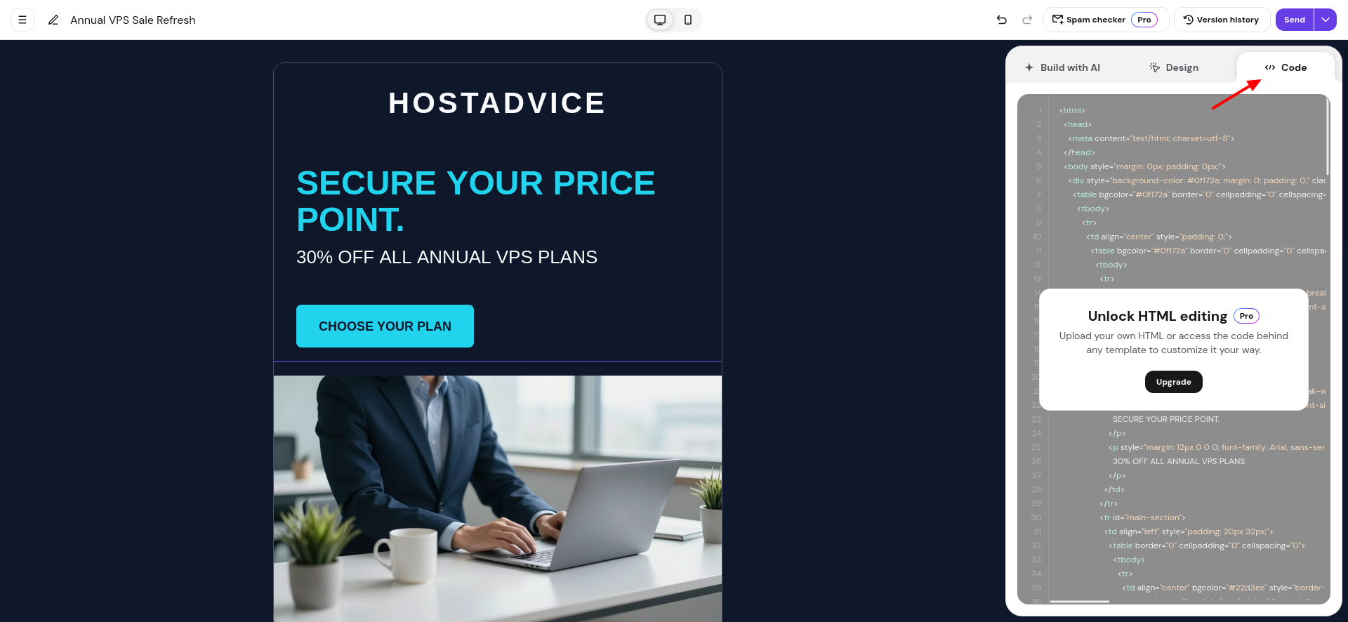 Hostinger Reach paid upgrade options for HTML editing and spam checker