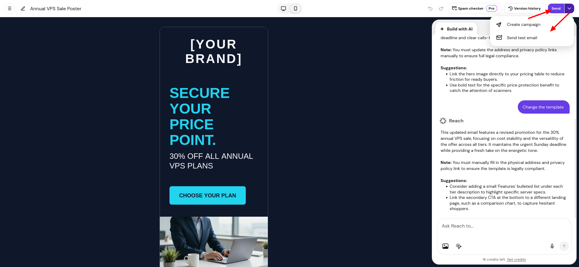 Hostinger Reach send menu with Create campaign and Send test email