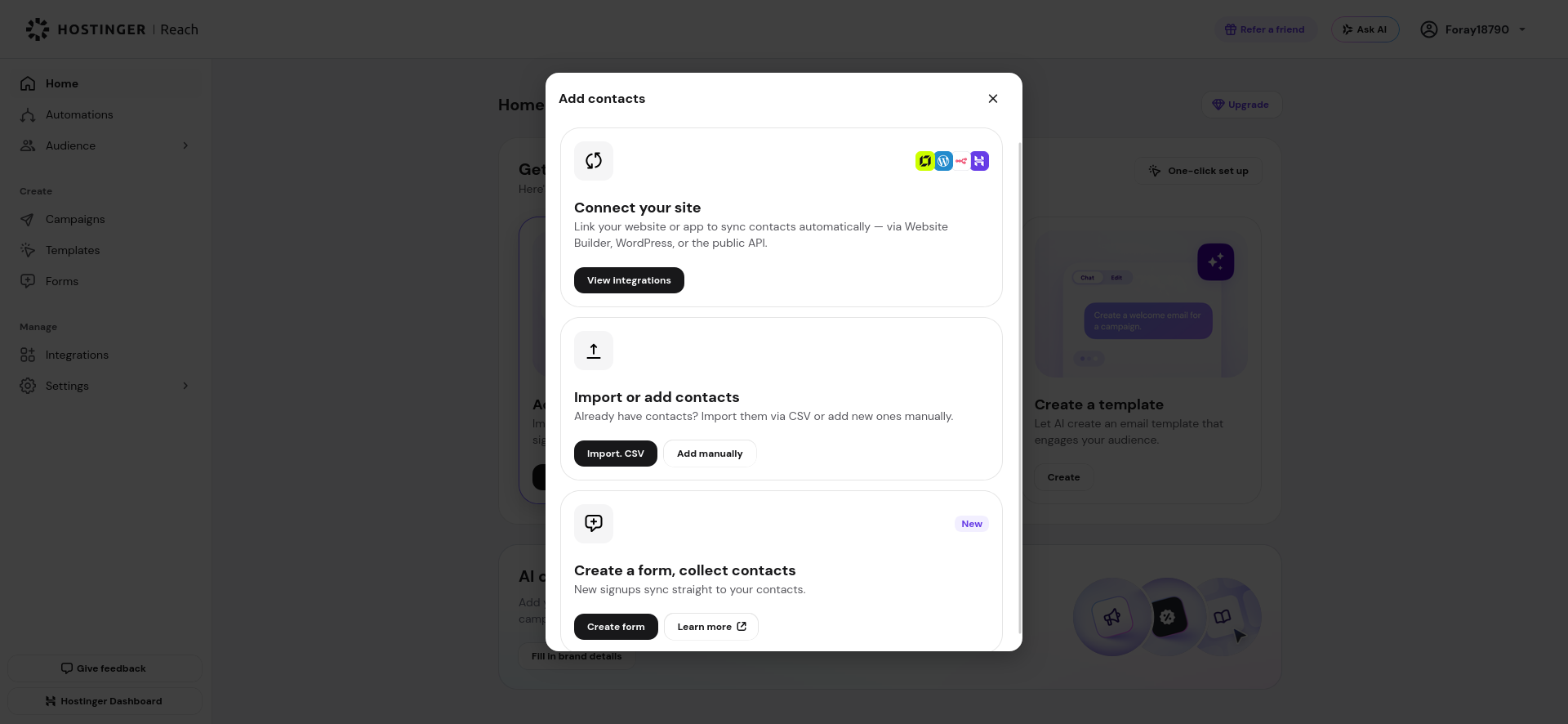 Hostinger Reach contact import and signup options