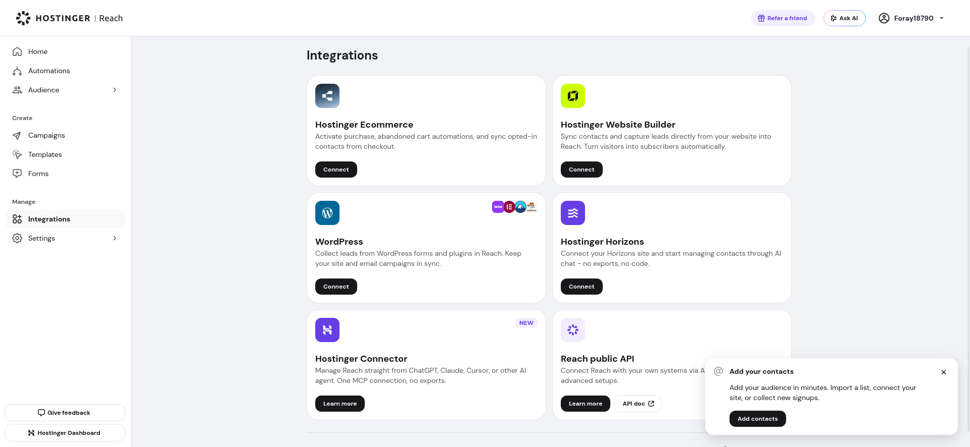 Hostinger Reach integrations including Hostinger Connector MCP