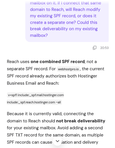 Kodee support response about Hostinger Reach SPF record