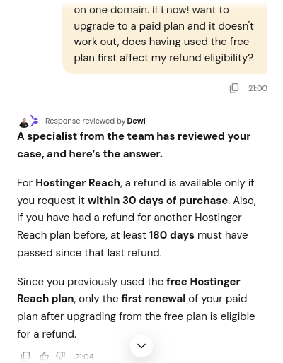 Hostinger Reach human support refund policy response